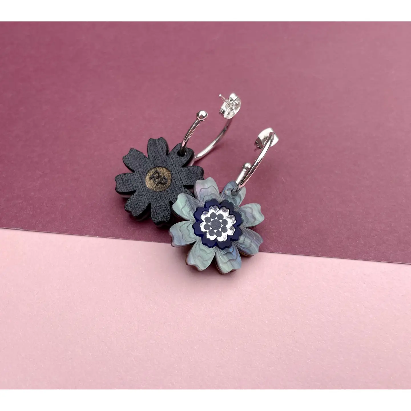 Agnes Daisy Floral Hoop Earrings : Blue Marble - Image 2