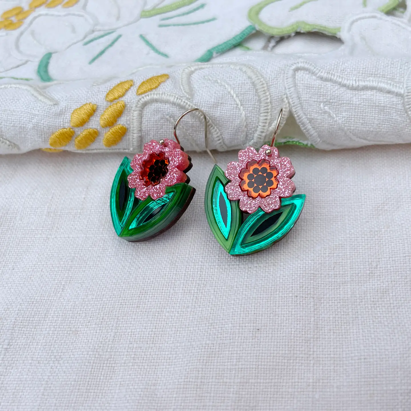 Agnes Floral Hook Earrings : Pink & Orange