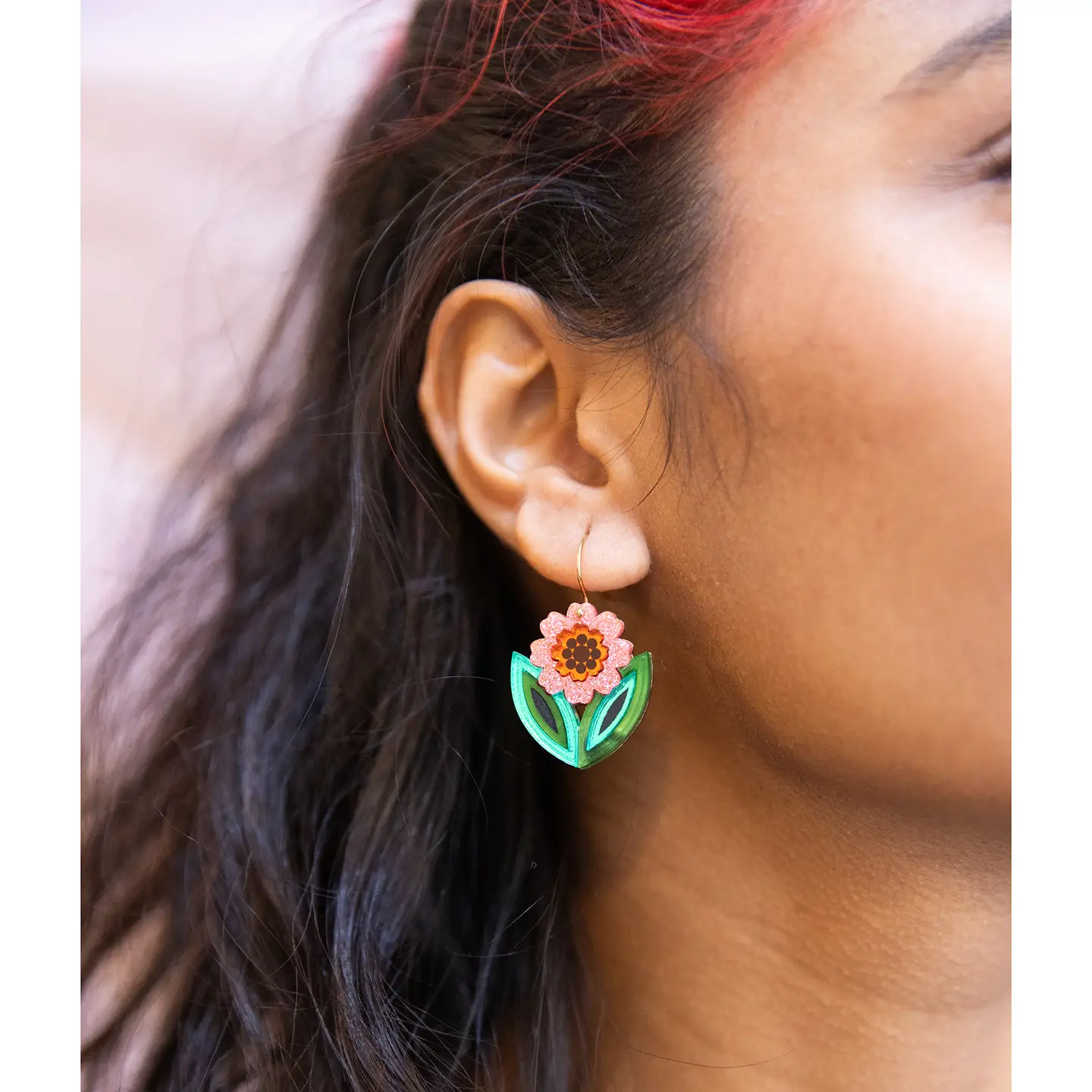 Agnes Floral Hook Earrings : Pink & Orange - Image 2