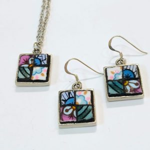 Square Guadi inspired pendant and earring set, small , mixed blues