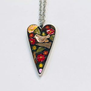 Mosaic heart Pendant, red with bird