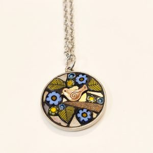 Mosaic Circular Pendant, blue with bird
