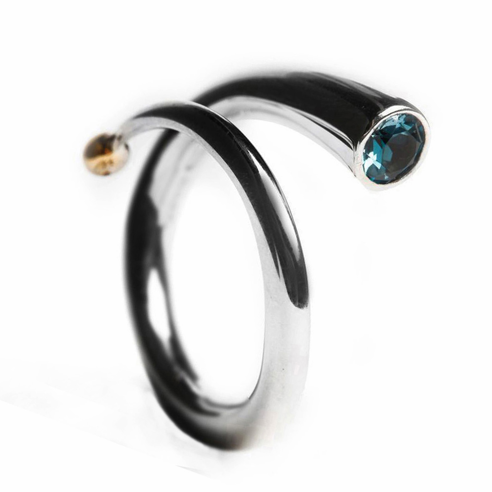 Spiral wiggle ring with blue topaz and 18ct yellow gold ball