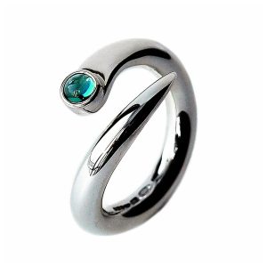 Curved Silver Wiggle Ring with Blue Topaz