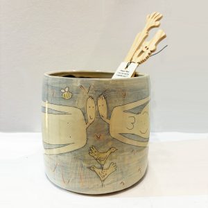 Utensil Holder with Ginger cat and chickens