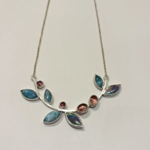 Curved Branch Necklace, with Larimar, quartz and enamel