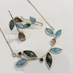 Curved Branch Necklace, with Larimar, quartz and enamel