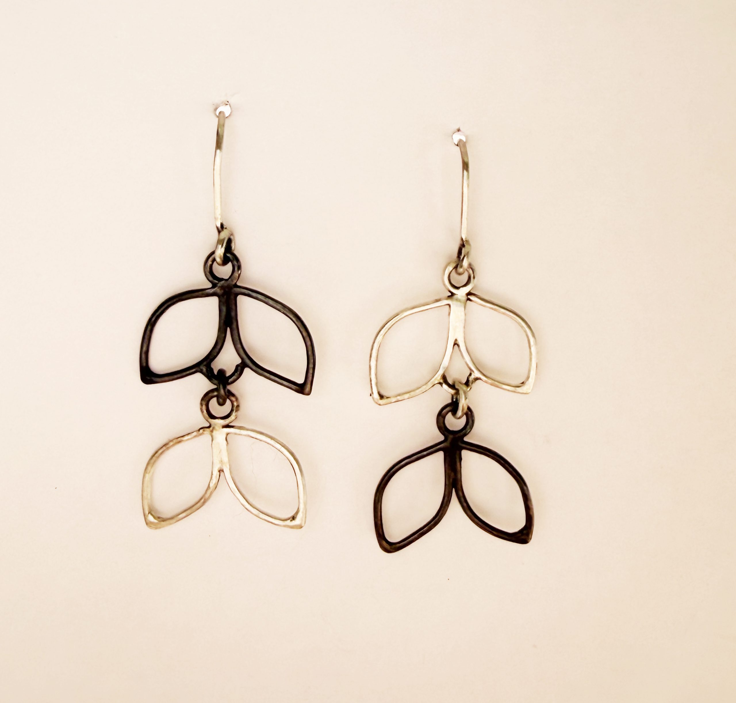 Black and Silver leaf earrings, two drops