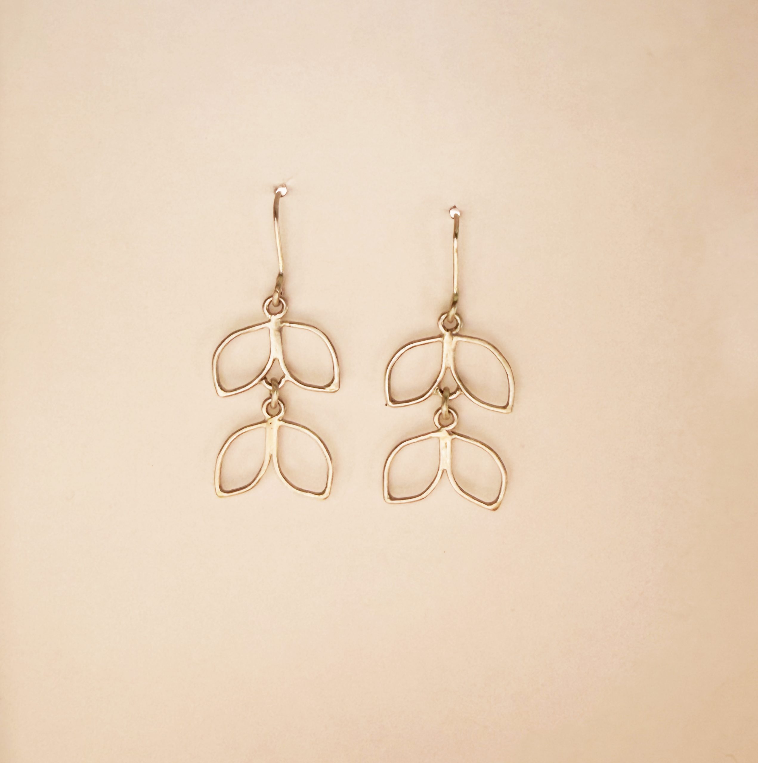 Silver leaf earrings, two drops
