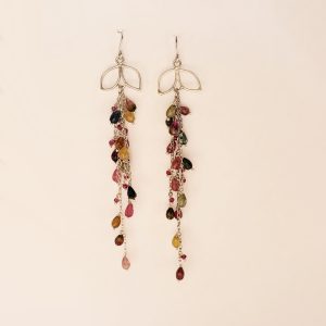 Long Drop Leaf Earrings with watermelon tourmaline and ruby's