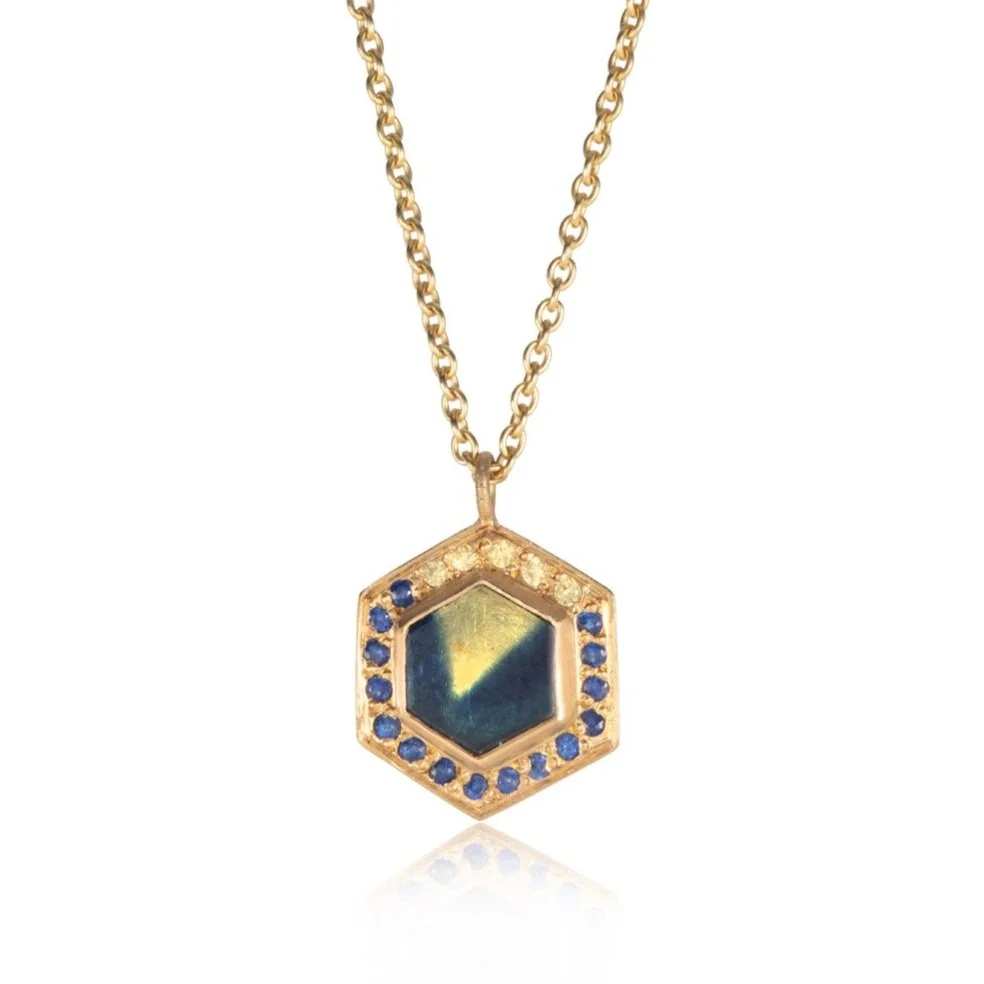 Hexagonal Sapphire Halo Necklace