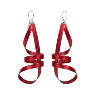Red long double twist ribbon earrings