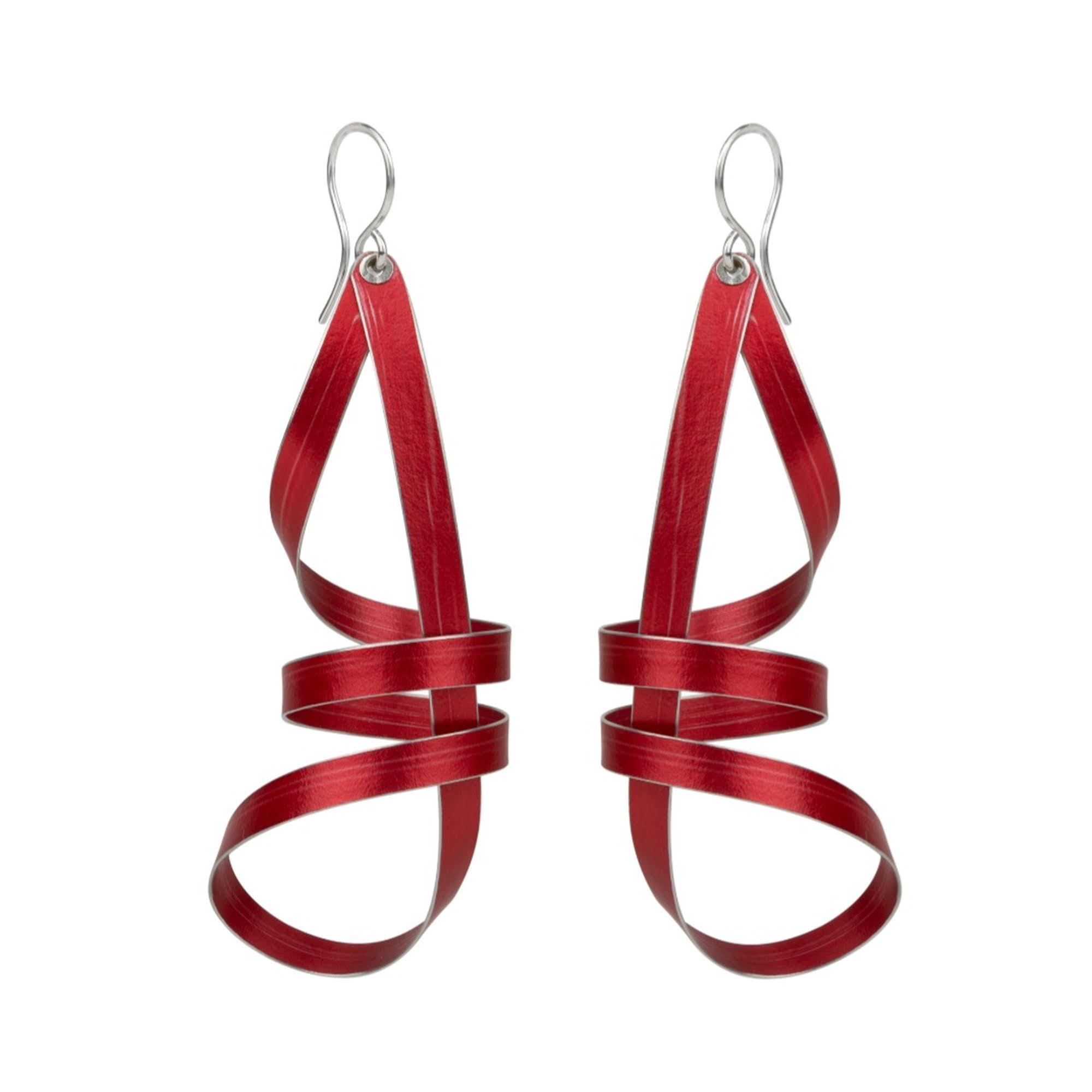 Red long double twist ribbon earrings