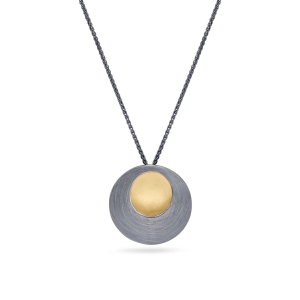 Large Pebble Circle Pendant Necklace with oxidised silver and gold plated inlay